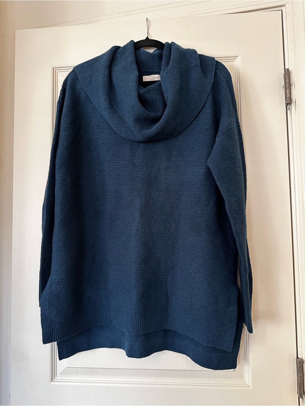 LOFT Teal Ribbed Knit Cowl Neck Side Vent Tunic Sweater